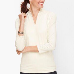 Talbots Women's Petite Size S Ivory Jersey High Neck Top V-neck 3/4 Sleeve